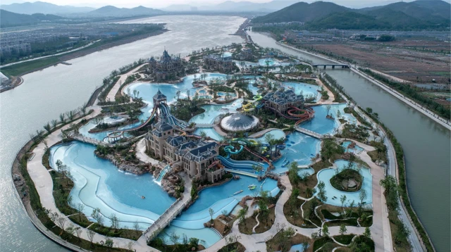 Aerial View of a Modern Water Park in Beijing