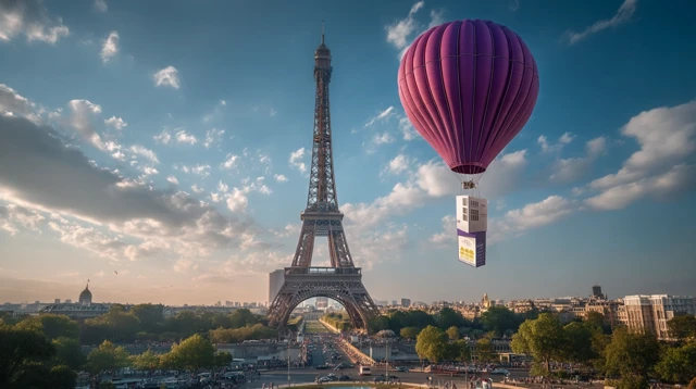 Eiffel Tower with Hot Air Balloon in Paris France