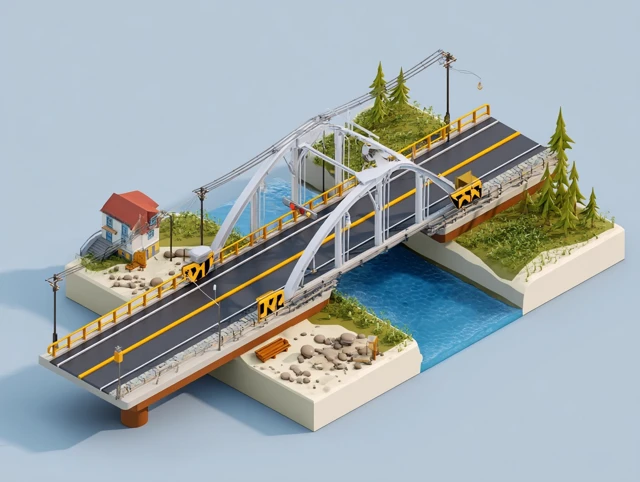 Isometric Game Design Cross River Bridge 3D Rendering