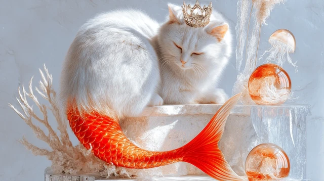 Majestic Mermaid Cat Undersea Fantasy Art