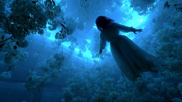 Woman in White Dress Eerie Hydrangeas Cinematic