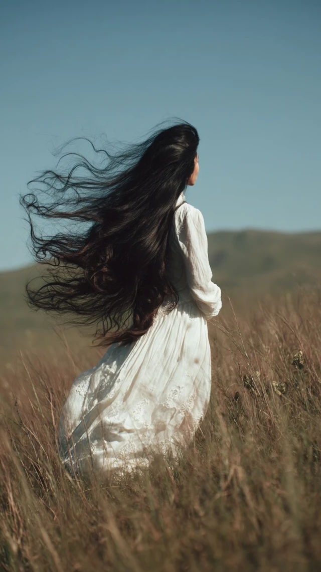Woman with Flowing Black Hair on a Grassland