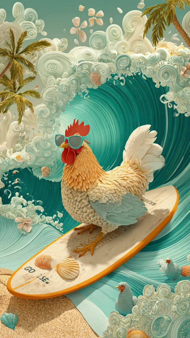Stylish Hen on Surfboard Beach Summer Vacation
