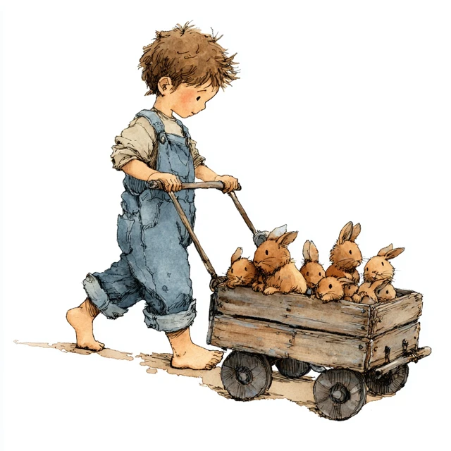 Childs Art Boy Pulling Wagon with Bunnies