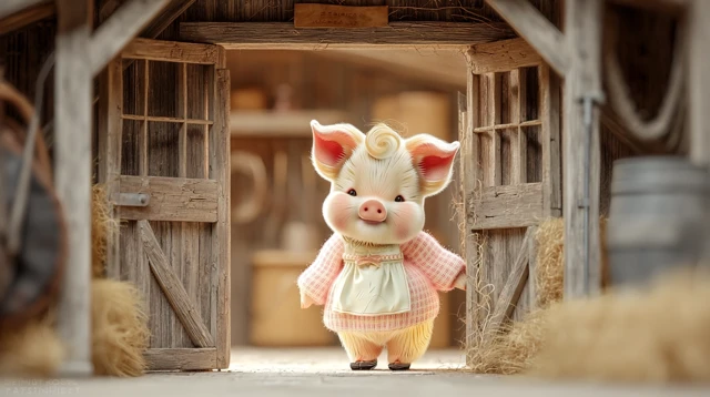Adorable Pig Cartoon in a Rustic Barn