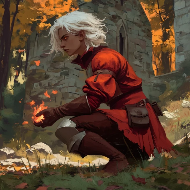 Autumnal Warrior Holding Fire in Forest