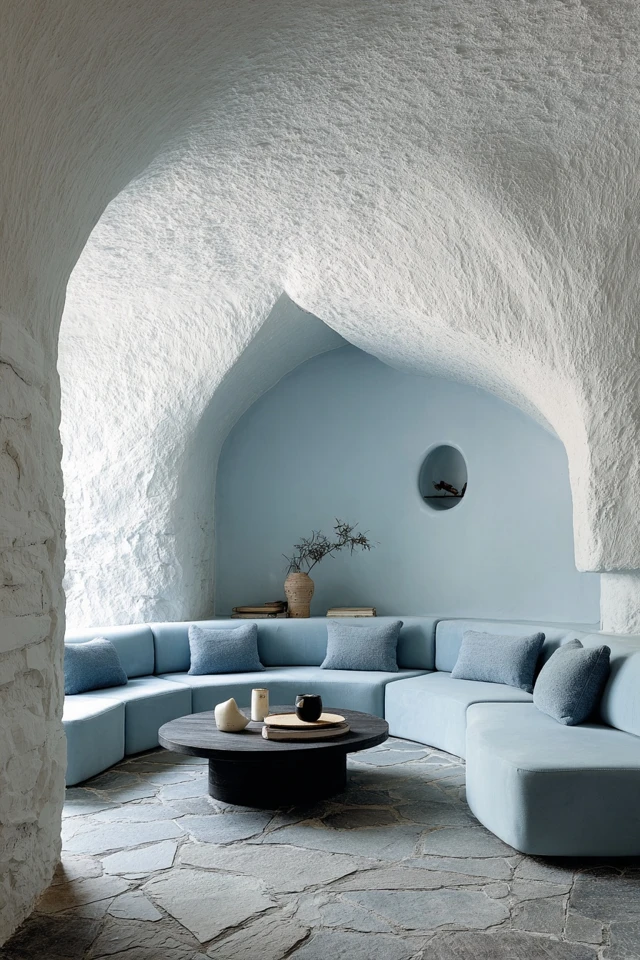 Japandi Living Room Design Sky Blue Sofa Vaulted Ceiling