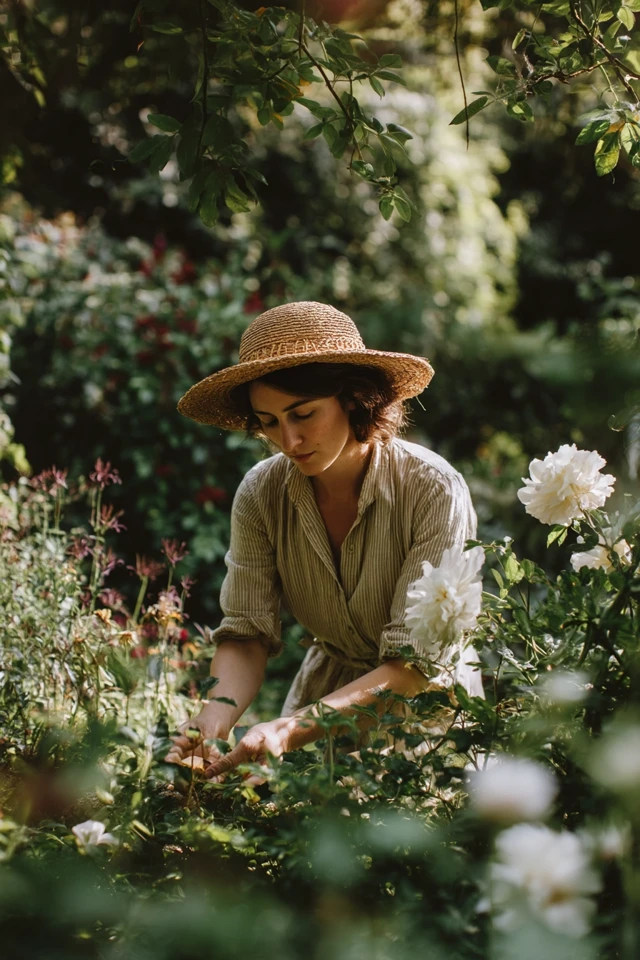 Woman Harvesting Flowers in a Peaceful Garden