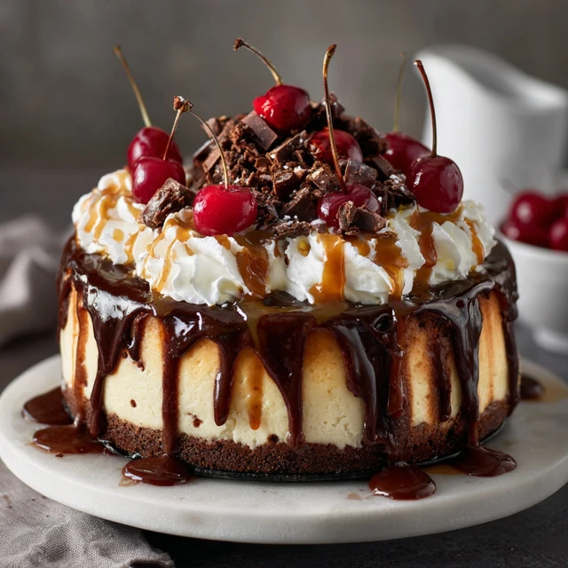 Chocolate Cheesecake with Cherries and Caramel