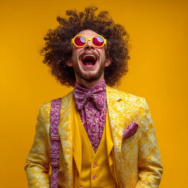 Cheerful Blogger in Bright Suit with Camera