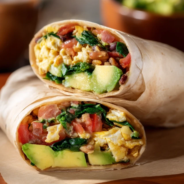 Breakfast Burrito with Avocado Eggs Tomato Spinach Beans