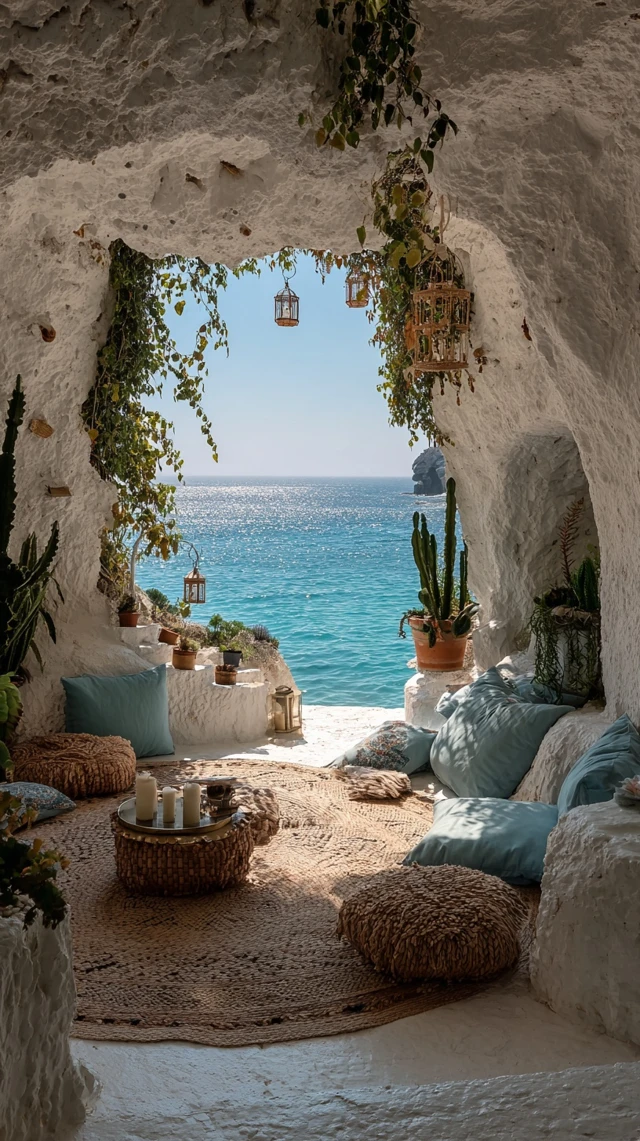 Boho Cave Retreat with Sea View Interior Design