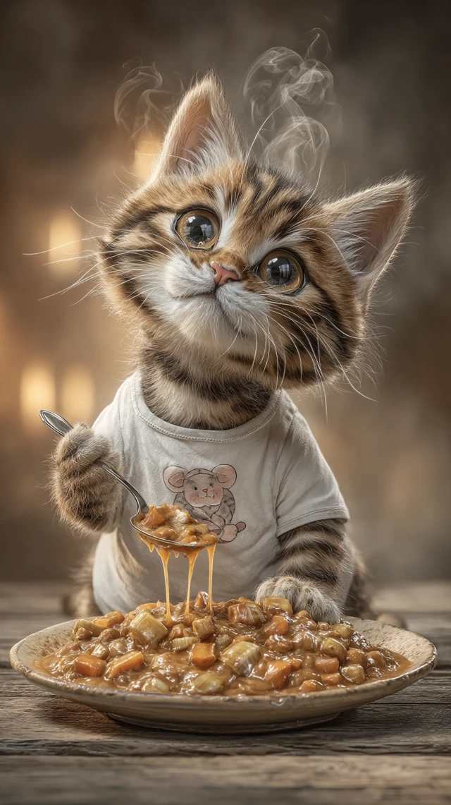 Bengal Kitten Eating Curry: Hyperrealistic Portrait