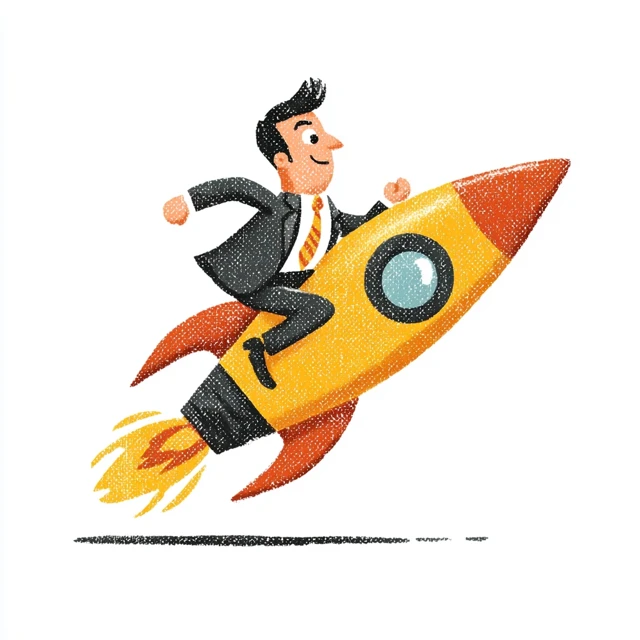 Businessman Rocket Illustration Bright Colors Postcard Style