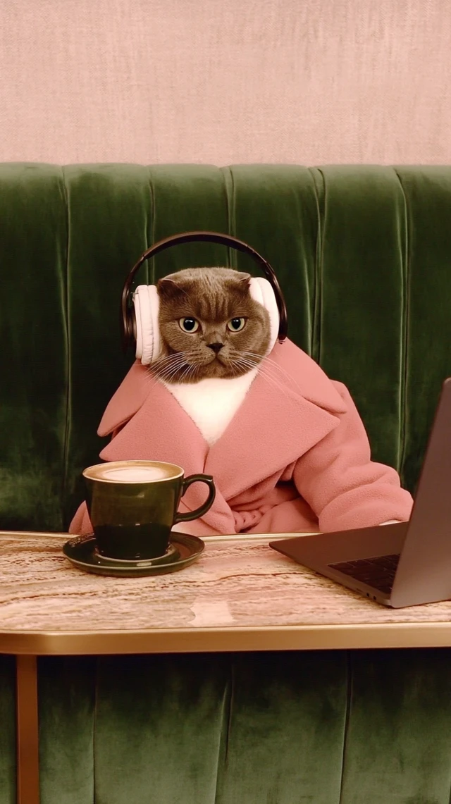 Cute Cat Relaxing with Coffee and Laptop