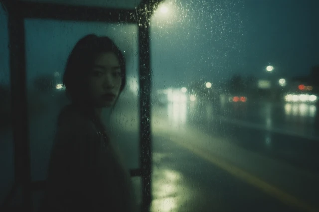 Rainy Night Asian Woman Waiting At Bus Stop