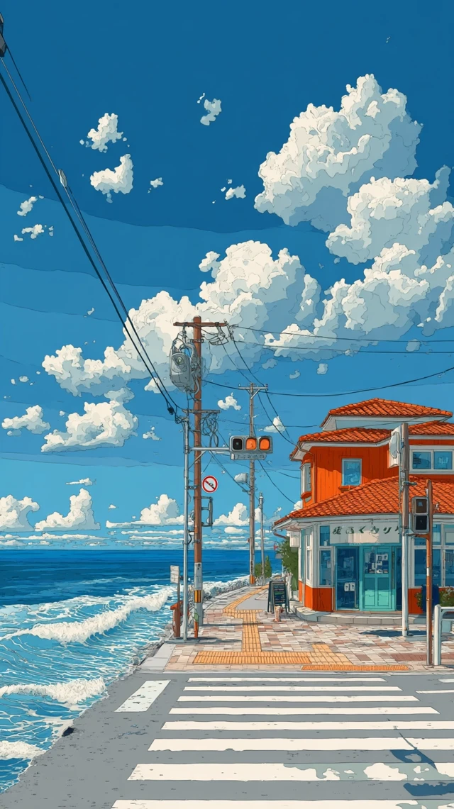 Anime Coastal Crosswalk Scene with Bakery and Ocean