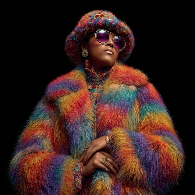 Black Woman in Colorful Fur Coat Vogue Fashion