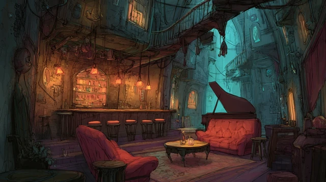 Fantasy Bar Interior with Magic and Technology