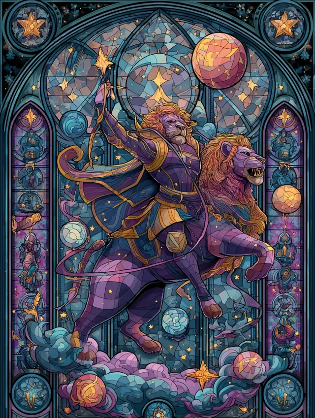 Moon Circus Tamer Cosmic Lion Stained Glass Art