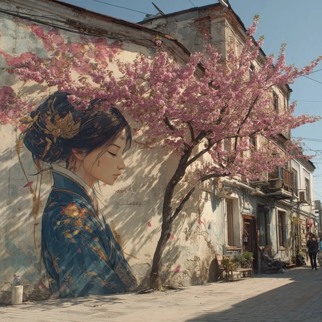 Woman Mural Blossoms in Ancient Courtyard