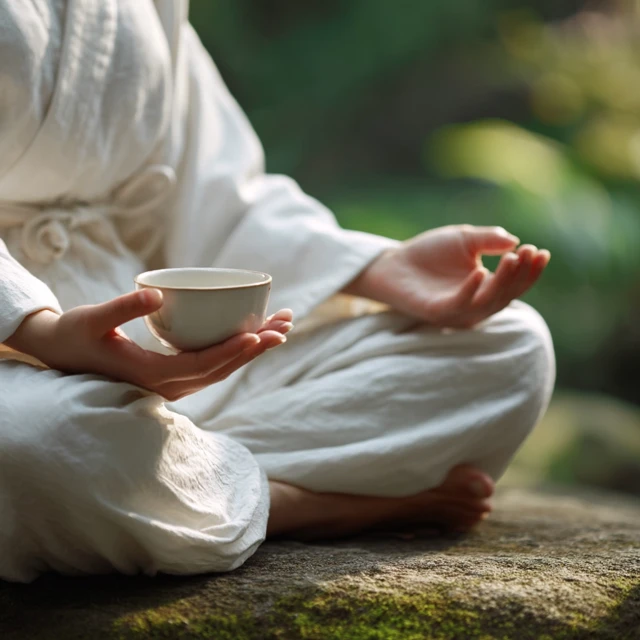 Meditating Woman in Zen Garden Holding Cup