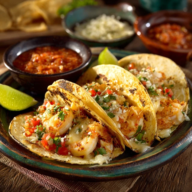 Shrimp Tacos with Cheese Pico de Gallo and Special Sauce