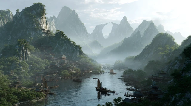 Qin Dynasty Fantasy Scene with Mountains and Lake