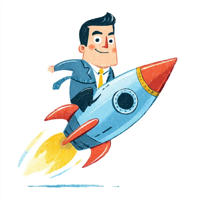 Businessman Rocket Illustration Bright Colors Postcard Style