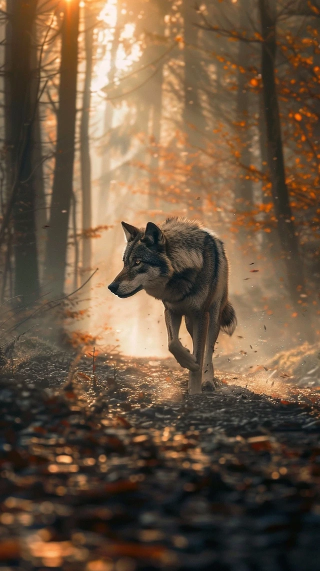 Lone Wolf Running in Forest at Dawn