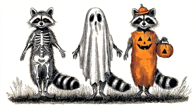 Vintage Halloween Raccoons Cartoon Illustration