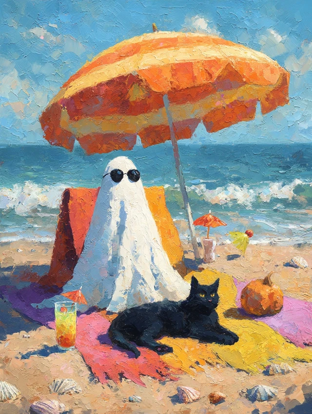 Ghost Cat Beach Day Dreamy Oil Painting