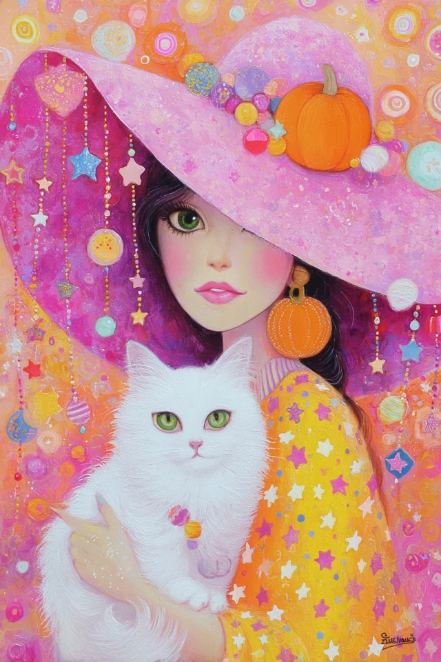 Whimsical Woman and Cat with Pink Hat Illustration