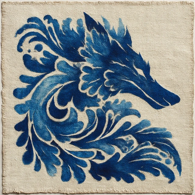 Indigo Tie Dye Wolf Art Traditional Chinese