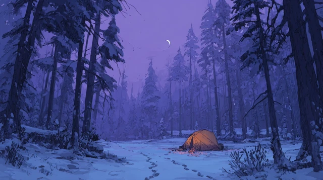 Snowy Forest Clearing Under Crescent Moon