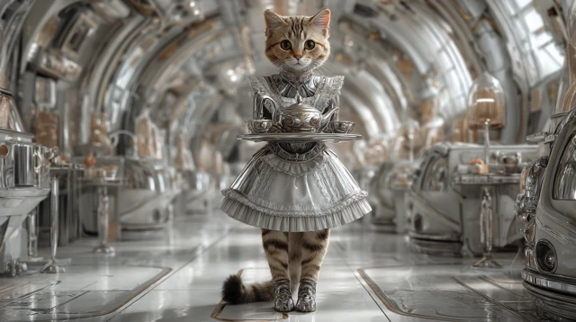 Maid Cat in Space Photorealistic Image