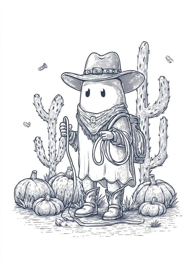 Cute Cowboy Ghost with Lasso Cacti and Pumpkins
