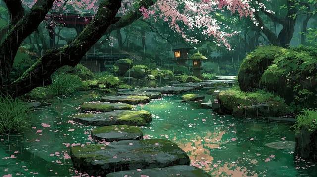 Kyoto Temple Garden in Spring Rain Makoto Shinkai Style
