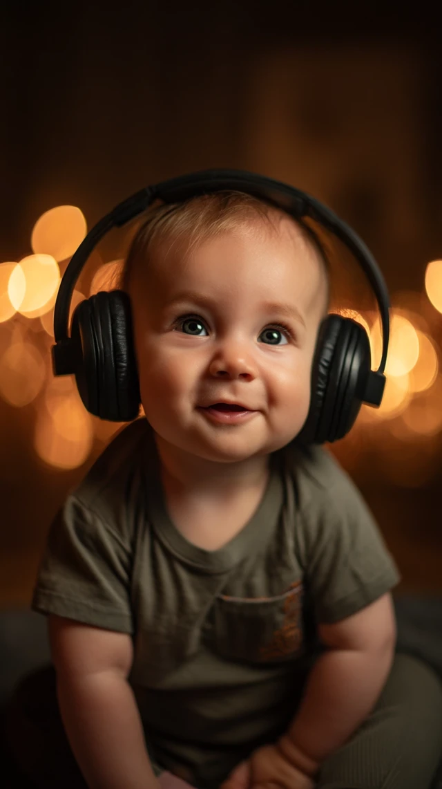 Cute Baby Boy with Headphones Photorealistic Portrait