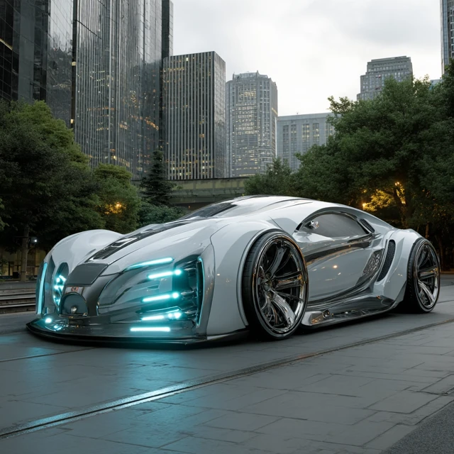 Futuristic Silver Car Concept in Urban Cityscape