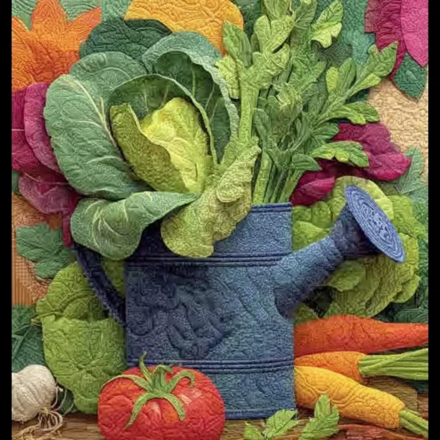 Vegetables in Watering Can Patchwork Quilt Art