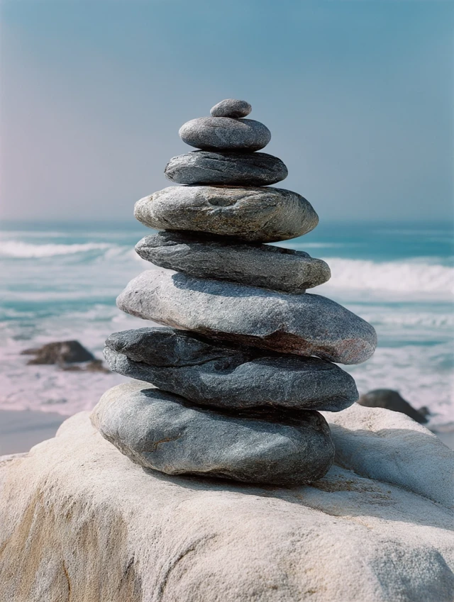 Zen Stone Tower on Beach Serene Coastal Landscape