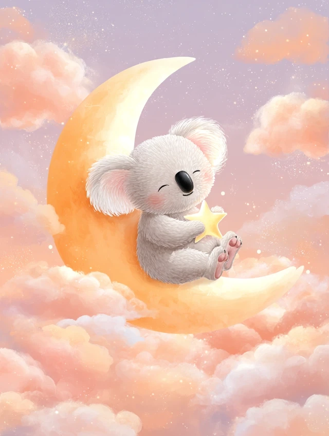Cute Koala on Moon with Star Nursery Art