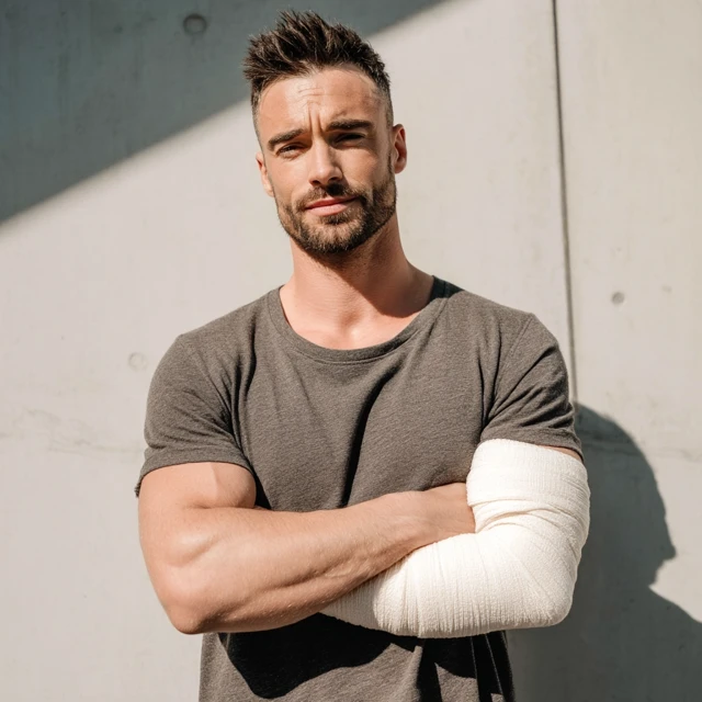 Handsome Brunette Man with Bandaged Arm Portrait