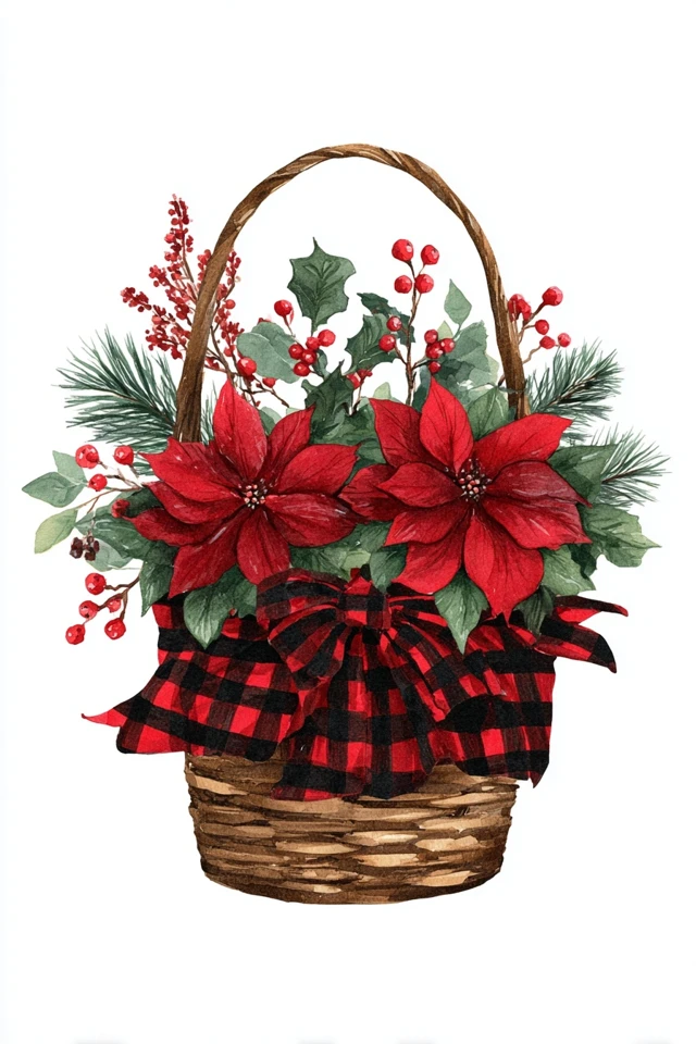 Christmas Poinsettia Basket Watercolor Art