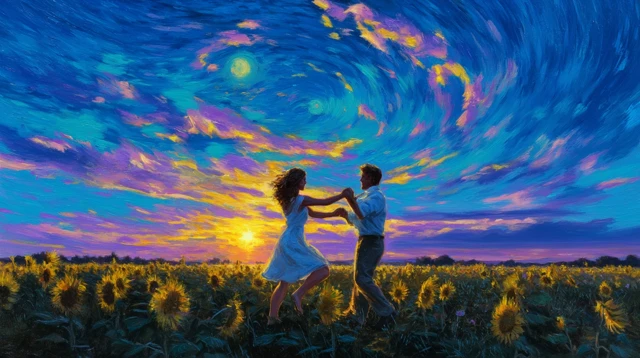 Couple Dancing in a Sunflower Field Van Gogh Style