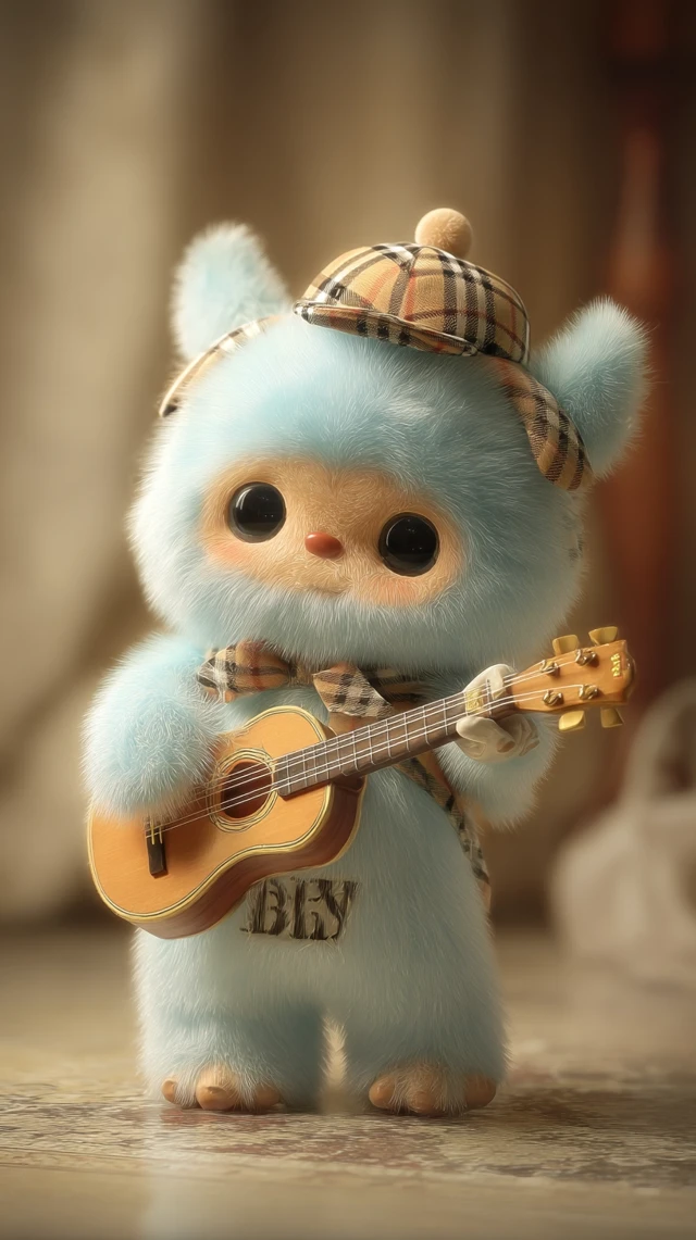 Cute Plush Labubu Monster Playing Guitar in Burberry