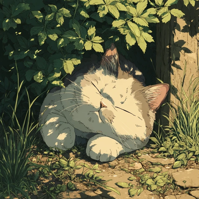 Chubby Cat Napping in Ghibli Style