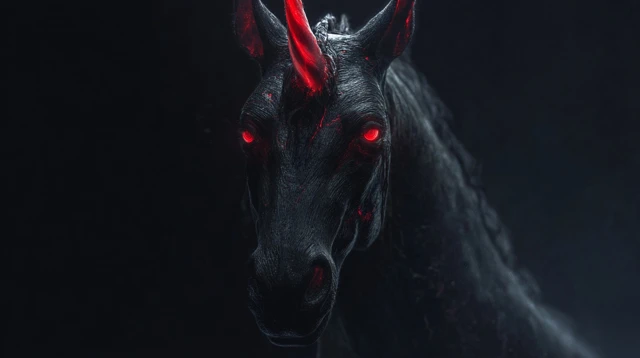 Black Unicorn Head Shot with Red Glowing Horn and Eyes