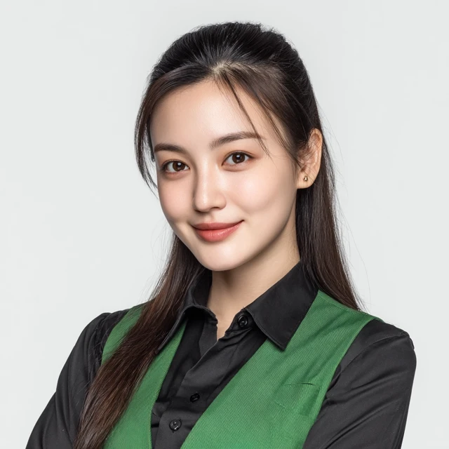 Beautiful Chinese Woman Smiling in Green Business Vest